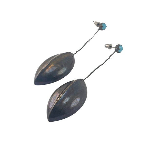 Vintage Style Long Dangle Earrings With Turquoise Studs & Bronze Leaf Design - Picture 9 of 9